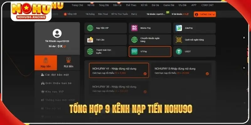 Tổng hợp 9 kênh nạp tiền Nohu90